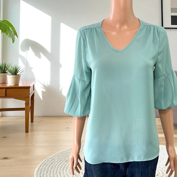 Pink Rose Sage Green V-Neck Balloon 3/4 Sleeves Blouse - Picture 2 of 13